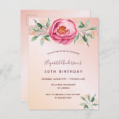 誕生日ピンクローズ金ゴールド花模様グリッター招待 ポストカード (正面/裏面)