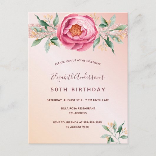 誕生日ピンクローズ金ゴールド花模様グリッター招待 ポストカード (正面)