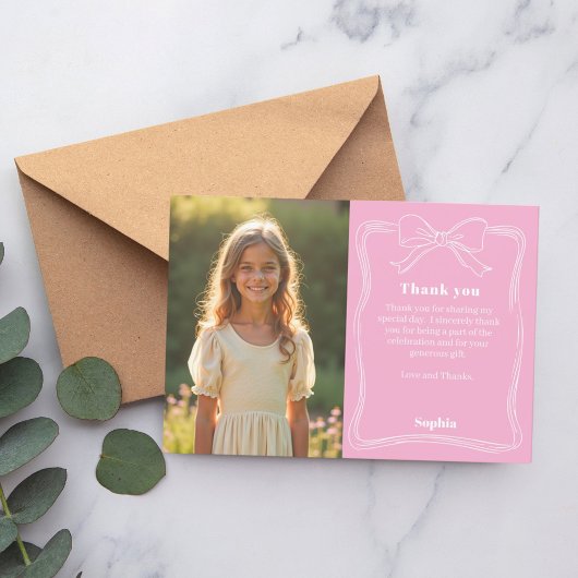 誕生日ピンク写真の女の子リボン サンキューカード