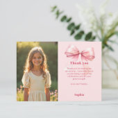 誕生日ピンク写真の女の子リボン サンキューカード (スタンド正面)