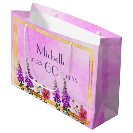 誕生日ピンク紫の野花の名前 ラージペーパーバッグ (正面アングル)