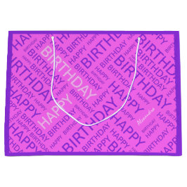 誕生日ピンク紫色のタイポグラフィパーソナライズされた ラージペーパーバッグ