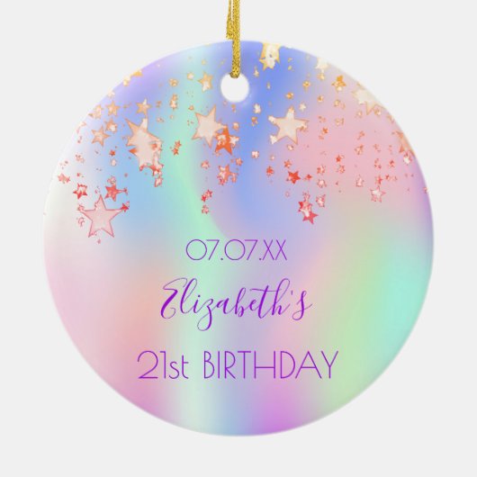 誕生日ピンク紫色の星ホログラフィック名 セラミックオーナメント (裏面)