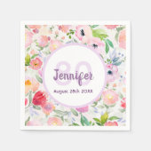 誕生日ピンク花模様ホワイトモノグラム スタンダードカクテルナプキン (正面)