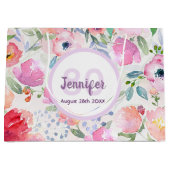 誕生日ピンク花模様モノグラム名 ラージペーパーバッグ (正面)