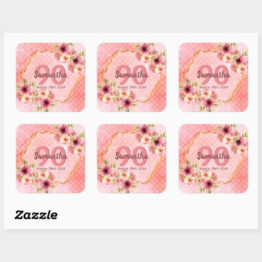 誕生日ピンク花模様金ゴールド幾何学名 スクエアシール (シート)