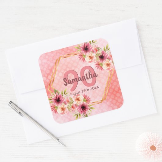 誕生日ピンク花模様金ゴールド幾何学名 スクエアシール (封筒)