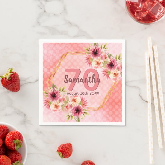 誕生日ピンク花模様金ゴールド幾何学名 スタンダードカクテルナプキン (インサイチュ)