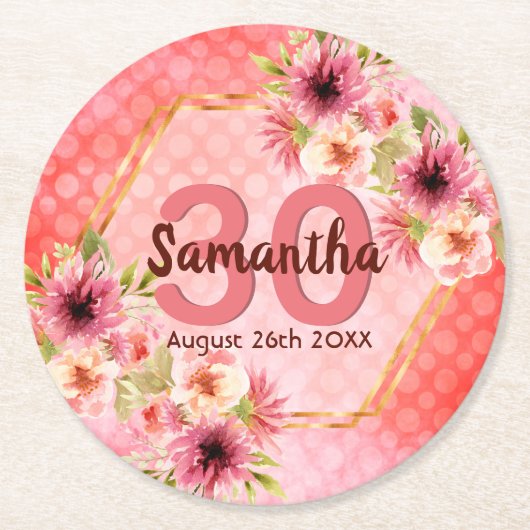 誕生日ピンク花模様金ゴールド幾何学名 ラウンドペーパーコースター (正面)