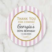 誕生日ピンク金ゴールドストライプサンキューメッセージカード フェイバータグ (裏面)