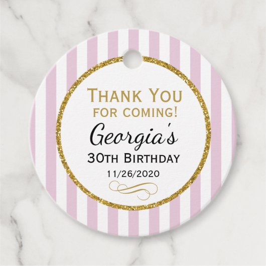 誕生日ピンク金ゴールドストライプサンキューメッセージカード フェイバータグ (正面)