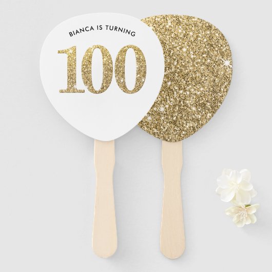 誕生日ファモダンンスタイリッシュ金ゴールドグリッター100日 ハンドファン (正面&裏面)