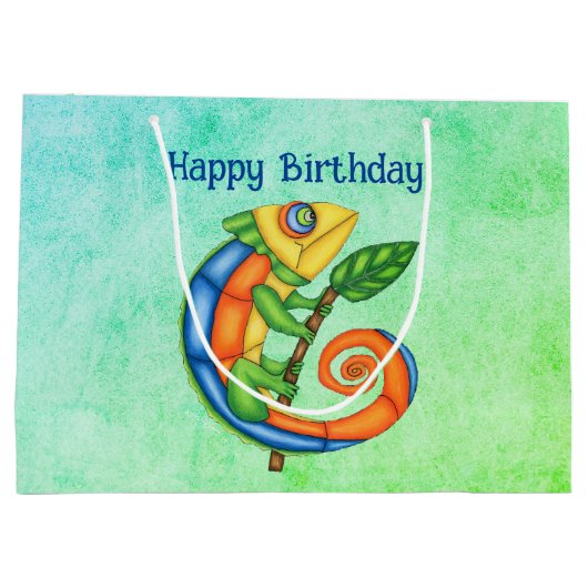 誕生日ファンタジー笑顔カラフルリザードリーフ ラージペーパーバッグ (裏面)