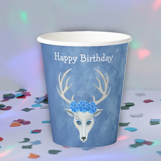 誕生日ファンタジー 白い鹿の頭 青いバラ 紙コップ