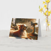 誕生日ファン付きゴールデンリトリバーレトロ カード (黄色い花)