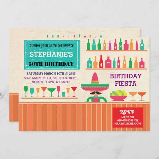 誕生日フィエスタメキシコメキシコパーティーバー招待状 招待状 (正面/裏面)