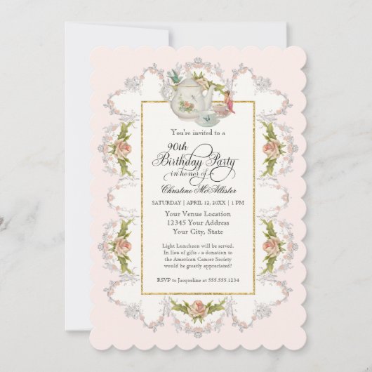 誕生日フェアリーティーパーティー、バラティーポットnカップ 招待状 (正面)