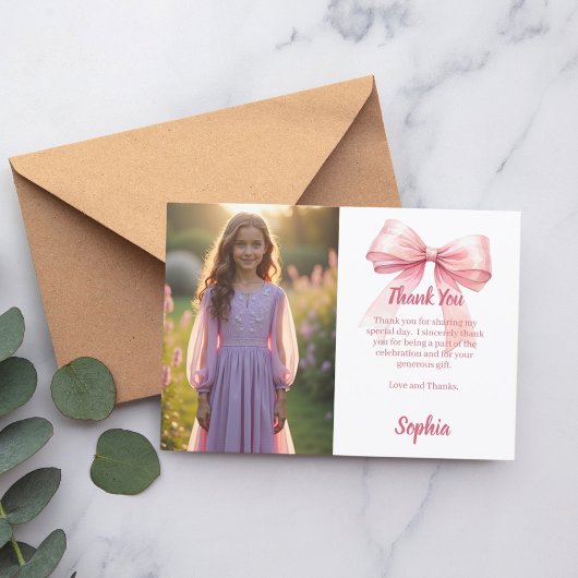 誕生日フォトガールピンクボウ白 サンキューカード