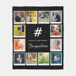 誕生日フォトコラージュテンプレート任意の年齢名ブラック フリースブランケット