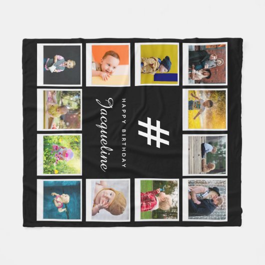 誕生日フォトコラージュテンプレート任意の年齢名ブラック フリースブランケット (正面(横))
