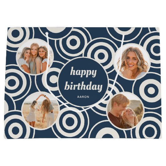 誕生日フォトコラージュレトロサークルダークブルー ラージペーパーバッグ (正面)