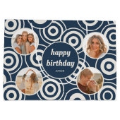 誕生日フォトコラージュレトロサークルダークブルー ラージペーパーバッグ (裏面)
