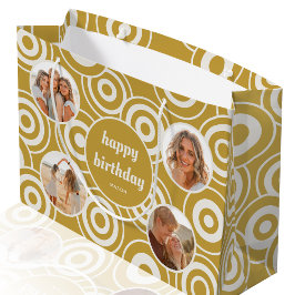 誕生日フォトコラージュレトロ円（黄色） ラージペーパーバッグ