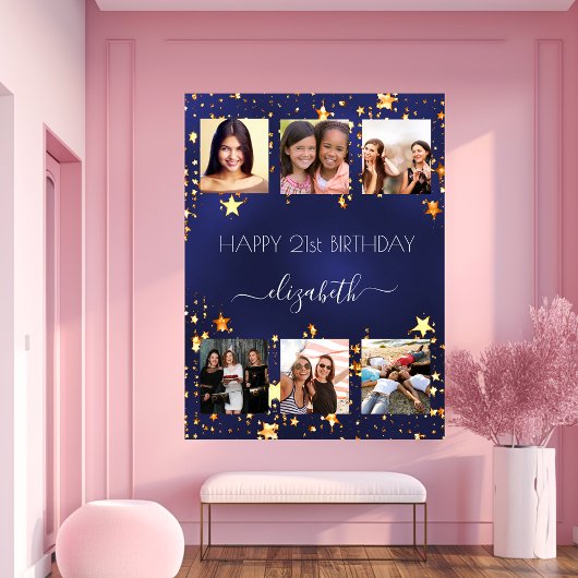 誕生日フォトコラージュ海軍ブルー金ゴールドスター ポスター