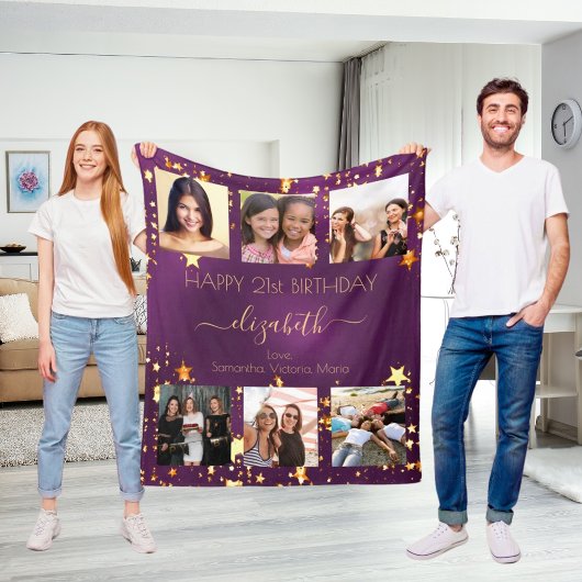 誕生日フォトコラージュ紫の金ゴールドの友最高の達 フリースブランケット