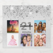 誕生日フォトコラージュ銀グリッターモノグラム スパークリングワインラベル (シングルラベル)