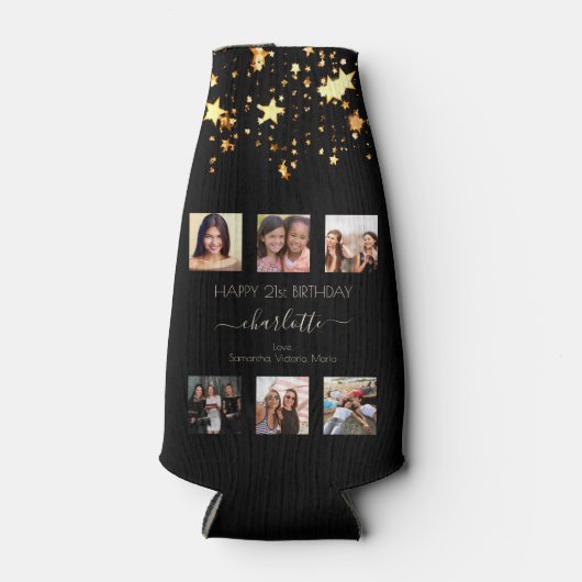 誕生日フォトコラージュ黒金ゴールド星友だち ボトルクーラー (正面)