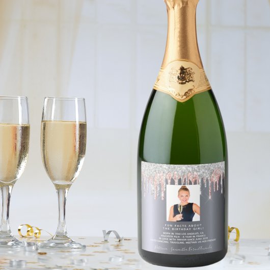 誕生日フォトシルバーグリッターピンクおもしろい事実略歴 スパークリングワインラベル
