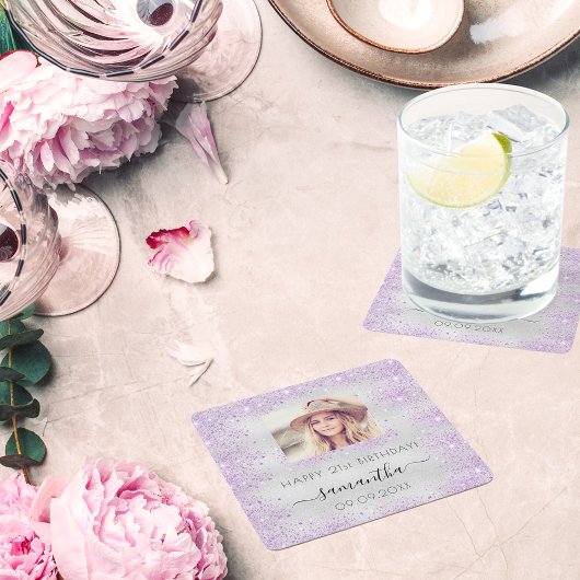 誕生日フォトシルバーパープルグリッターダストモノグラム スクエアペーパーコースター