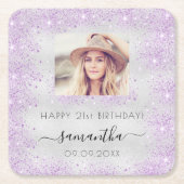 誕生日フォトシルバーパープルグリッターダストモノグラム スクエアペーパーコースター (正面)