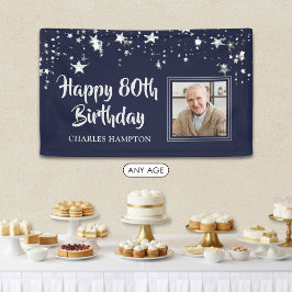 誕生日フォトバナー ネイビーブルー シルバーの星 名前入り 横断幕