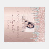 誕生日フォトバラ金ゴールドグリッターピンクシルバーグラム フリースブランケット (正面(横))