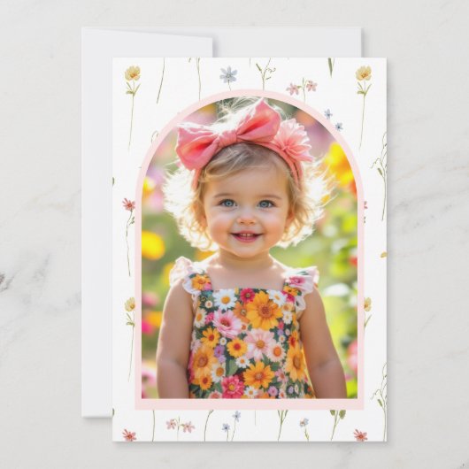 誕生日フォトピンクコケットボウワイルドフラワー 招待状 (裏面)