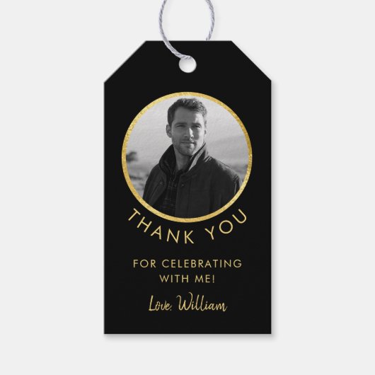 誕生日フォトブラックと金ゴールド ギフトタグ (正面)