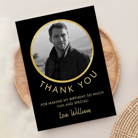 誕生日フォトブラックと金ゴールド サンキューカード