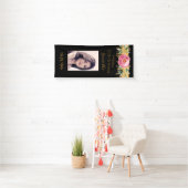 誕生日フォトブラックピンク金ゴールドグリッター花模様 横断幕 (インサイチュ)