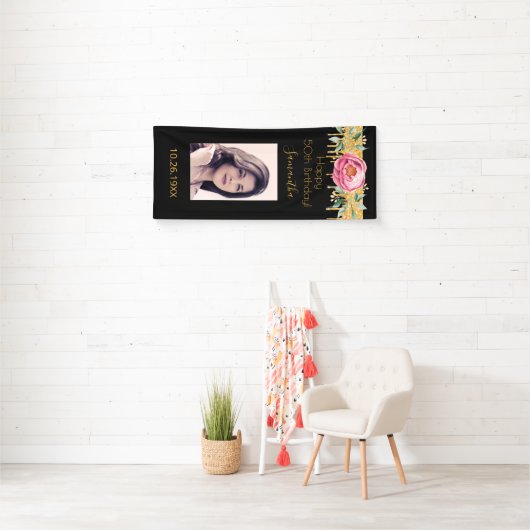 誕生日フォトブラックピンク金ゴールドグリッター花模様 横断幕 (インサイチュ)