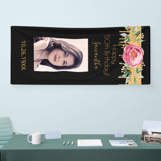 誕生日フォトブラックピンク金ゴールドグリッター花模様 横断幕 (トレードショー)