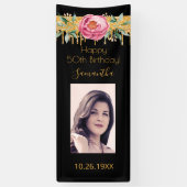 誕生日フォトブラックピンク金ゴールドグリッター花模様 横断幕 (縦)