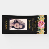 誕生日フォトブラックピンク金ゴールドグリッター花模様 横断幕 (横)