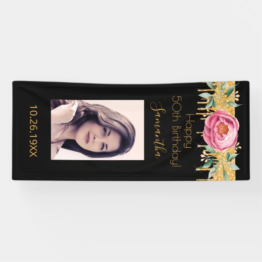 誕生日フォトブラックピンク金ゴールドグリッター花模様 横断幕 (横)