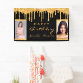 誕生日フォトブラック金ゴールドグリッターフレンズ双子 横断幕 (インサイチュ)