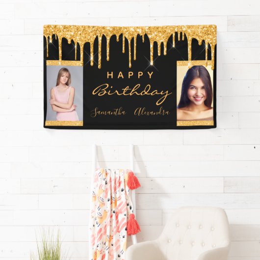 誕生日フォトブラック金ゴールドグリッターフレンズ双子 横断幕 (インサイチュ)