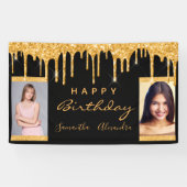 誕生日フォトブラック金ゴールドグリッターフレンズ双子 横断幕 (横)