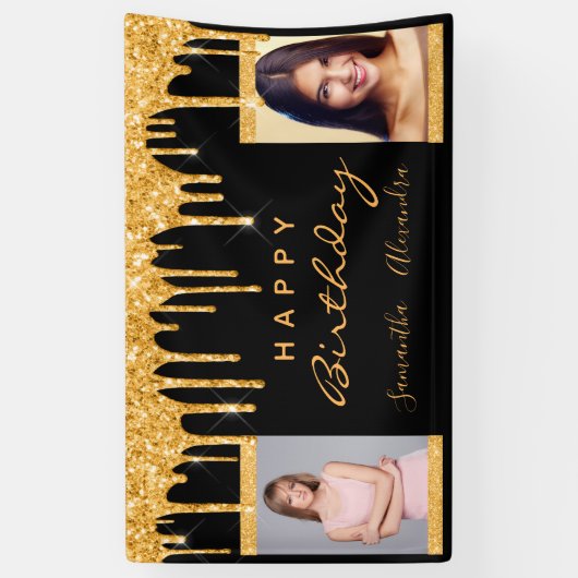 誕生日フォトブラック金ゴールドグリッターフレンズ双子 横断幕 (縦)