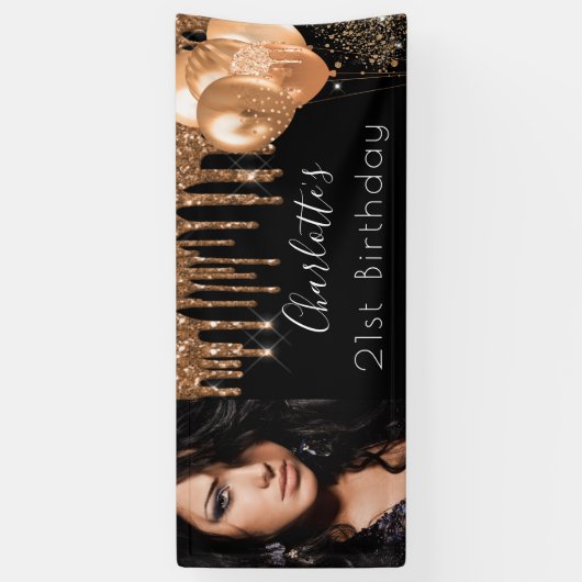 誕生日フォトブラック金ゴールドグリッターモノグラム 横断幕 (縦)